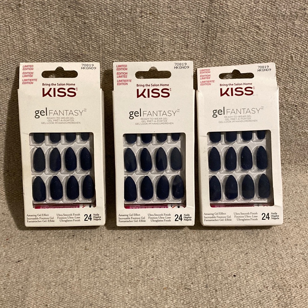 Dark Matte Blue Kiss Gel Fantasy Glue Press On Nails Coffin Halloween Set of 3